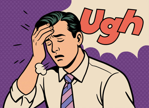 Pop Art Illustration of a Tired Man Holding His Head