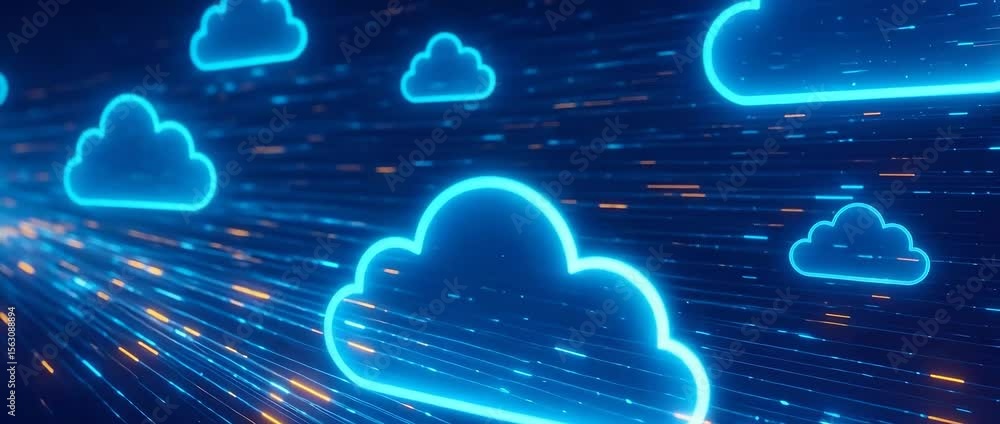 Aufkleber dynamic representation of digital cloud storage, featuring glowing cloud icons against a vibrant bac