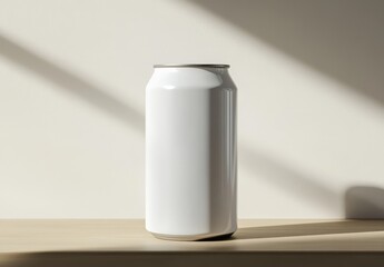 Blank white can on light wood surface, sunlit studio
