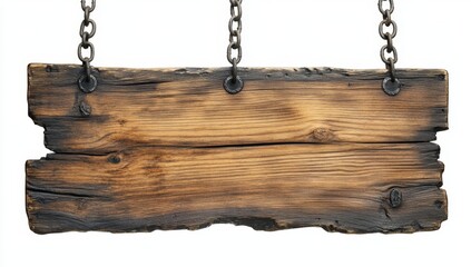 Rustic wooden sign hanging from chains, blank signboard, isolated on white background