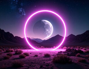 Glowing Pink Portal in a Night Desert Landscape