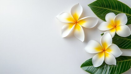 Plumeria flowers on white background with leaves,  peaceful arrangement