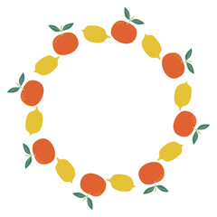 Round frame decorated with oranges and lemons with green leaves. Vector illustration for greeting card, invitation template.