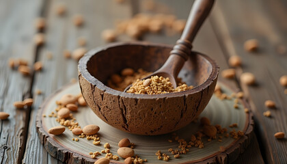 Coconut shell bowl filled with grains or spices and a spoon. Represents natural food, eco-friendly living, or rustic decor. Organic and earthy.

