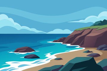 Coastal Landscape with Cliffs Beach and Ocean View Under a Cloudy Sky © amenagraphics