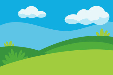 Cartoon Landscape with Green Hills Blue Sky and White Clouds Illustration