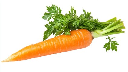 Fresh carrot with green parsley garnish, isolated on white background