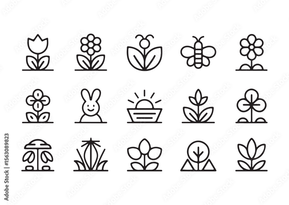 Poster collection of simple line art icons representing nature and spring elements isolated on white backgr