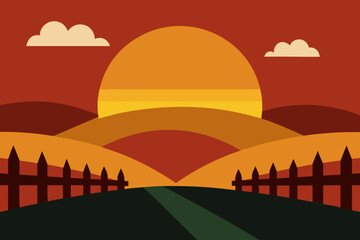 Stylized Sunset Landscape with Rolling Hills Fences and Clouds in Warm Tones