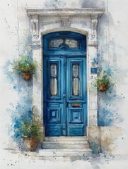 Fototapeta premium A vibrant blue wooden door framed by elegant architecture. Decorative pots with flowers hang beside it, enhancing the rustic charm. The setting evokes a serene atmosphere of a quaint street.
