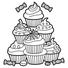 Cupcake Tower with Halloween Candy Line Art Coloring Page Illustration