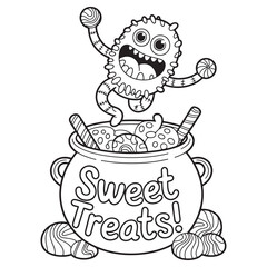 Halloween Monster with Spiral Candy in Sweet Treat Jar Line Art Illustration