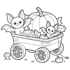Pumpkin Patch Wagon with Cute Bats Line Art Halloween Coloring Page