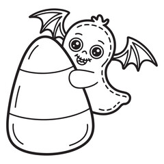 Fototapeta premium Candy Corn with Cute Halloween Monster Line Art Illustration for Coloring