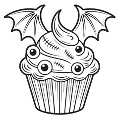 Halloween Cupcake with Bat Wings and Eyeballs Line Art Illustration for Kids
