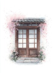 Fototapeta premium A beautiful wooden double door is framed by delicate pink cherry blossom petals. Surrounding greenery enhances the tranquil atmosphere, suggesting a peaceful entrance to a quaint dwelling.