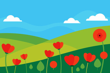 Obraz premium Stylized Poppy Field Landscape with Rolling Hills and a Blue Sky