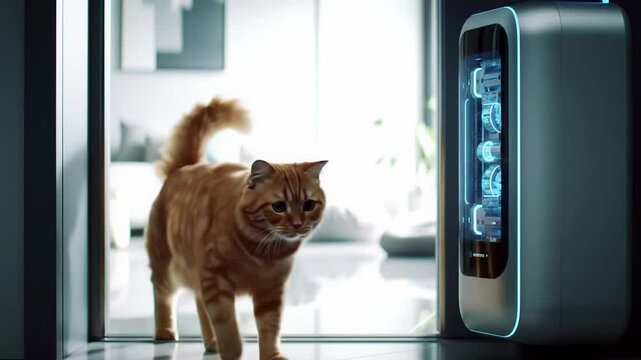 Cat walking through a doorway equipped with a futuristic holographic sensor detecting its movement in a sleek high-tech environment
