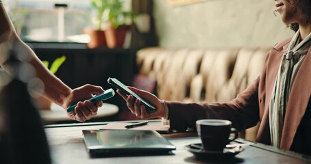 People, hands and payment with phone or pos machine in cafe for beverage, transaction or tap to pay. Closeup, waiter and customer with mobile smartphone or checkout for NFC purchase in coffee shop - Powered by Adobe