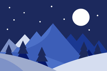 Fototapeta premium Stylized Winter Landscape with Mountains Trees Moon and Stars in Blue Tones