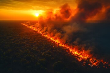 Naklejka premium Dramatic Aerial View of a Forest Fire at Sunset - Environmental Impact and Nature's Fury