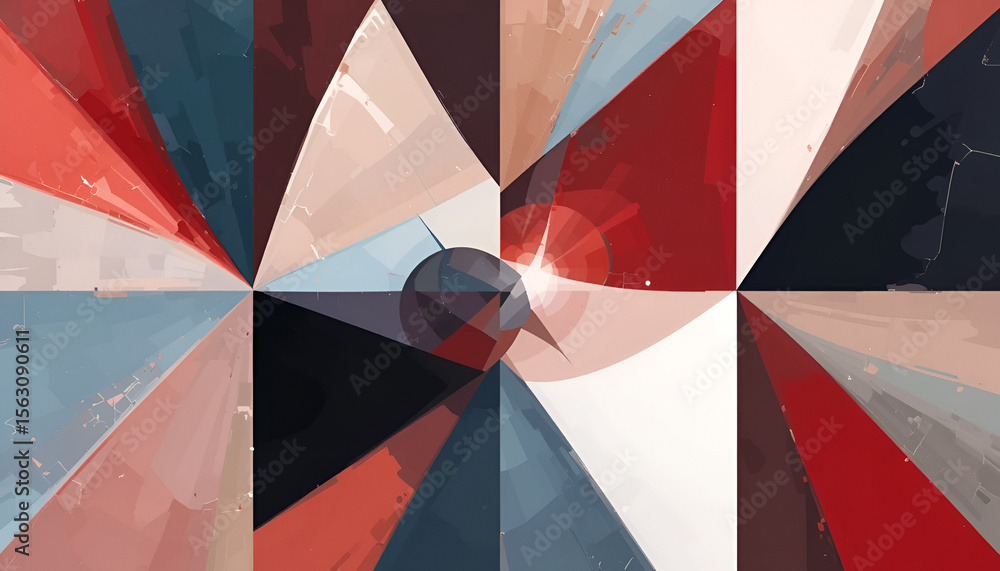 Poster captivating abstract design showcases dynamic geometric patterns in shades of red, blue, and beige, 