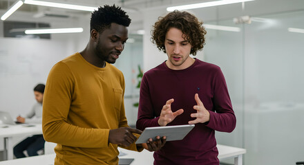 Two colleagues collaborating on a project using a tablet in a modern office environment teamwork success
