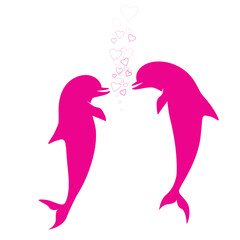 Fanny pink dolphins in love making water drop in heart shape