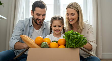 Happy family unpacking grocery delivery fresh food healthy eating lifestyle home delivery service