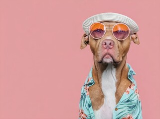 A pit bull wearing sunglasses, a hat, and a floral shirt against a pink background