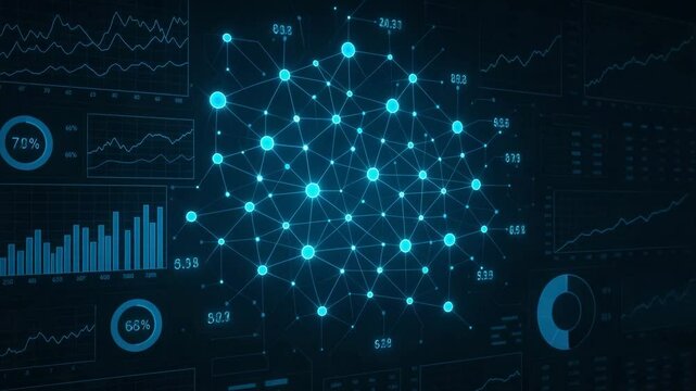 A futuristic, digital data visualization featuring interconnected nodes and graphs, representing big data, analytics, and technology