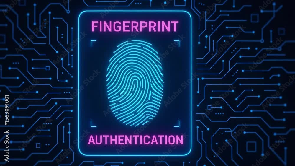 Poster a futuristic illustration depicting a digital fingerprint with the text 'authentication' against a c
