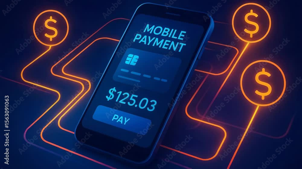 Poster a futuristic smartphone screen displaying a mobile payment interface, showcasing a transaction of $1
