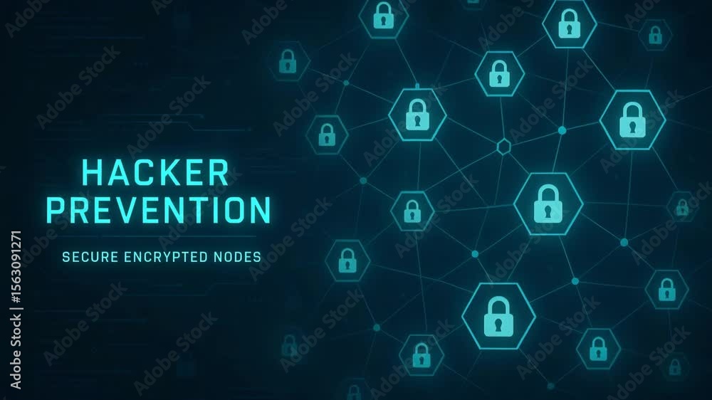 Poster a digital illustration featuring a network of secure encrypted nodes, symbolizing hacker prevention 