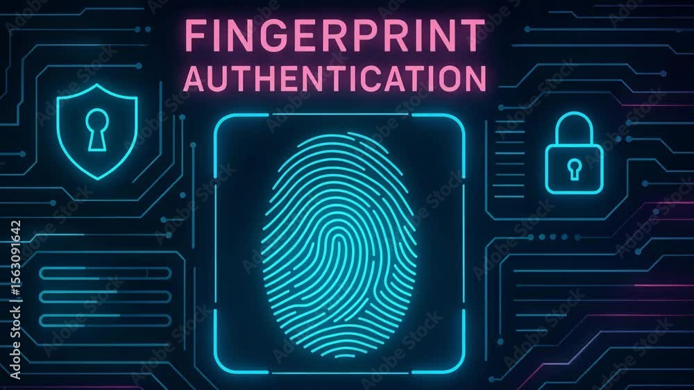 Poster a vibrant digital illustration of fingerprint authentication, showcasing intricate patterns and icon