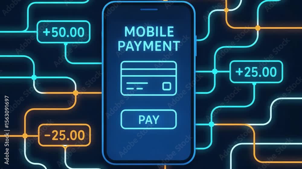 Poster concept of mobile payment with a smartphone displaying a payment interface. bright, colorful graphic