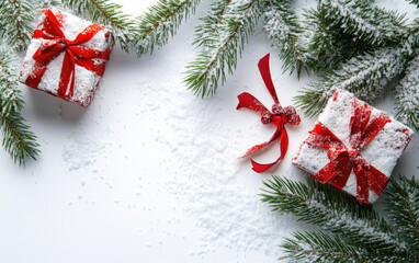A festive Christmas tree adorned with red ribbons, ornaments, and gift boxes creates a joyful holiday background