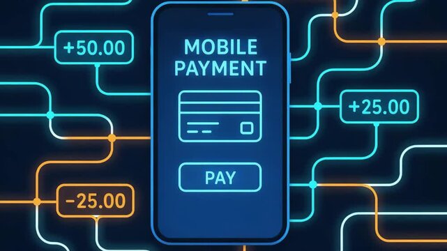 Concept of mobile payment with a smartphone displaying a payment interface. Bright, colorful graphics and transaction amounts illustrate modern digital transactions.