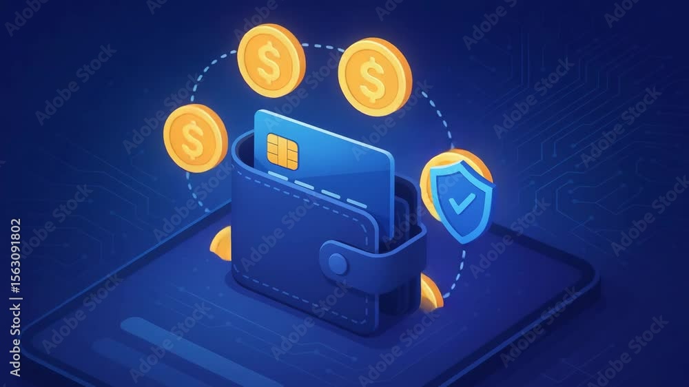 Poster a digital illustration of a wallet with floating coins and a credit card, symbolizing online transac