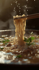Steaming bowl of ramen noodles with chopsticks