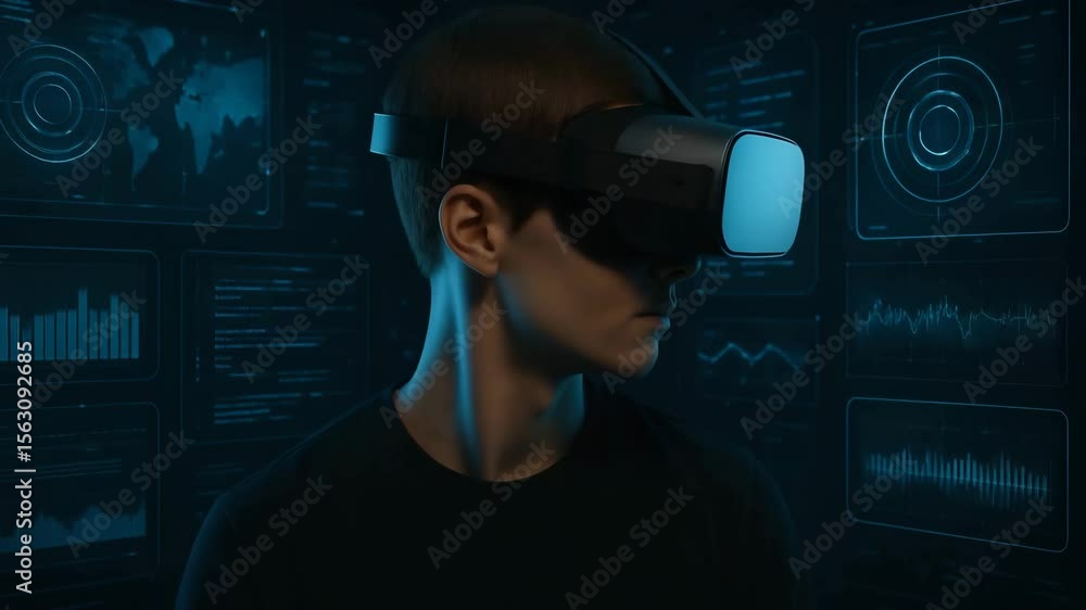 Poster a young man wearing a virtual reality headset stands in front of a dark interface filled with data v