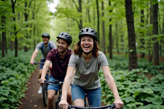Drone Captures Friends Laughing and Electric Biking Through Scenic Forest Trail