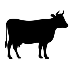 Black silhouette of a cow in profile, standing against a white background