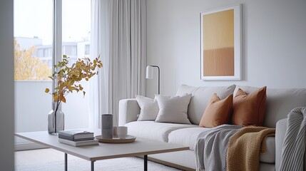 Fototapeta premium A cozy living room with a plush sofa, soft throw blankets, and a coffee table with a vase of flowers, home decor inspiration,