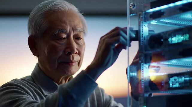Close-up of an elderly Asian man gently touching a futuristic server rack, symbolizing memories and data storage merging in a digital-human connection