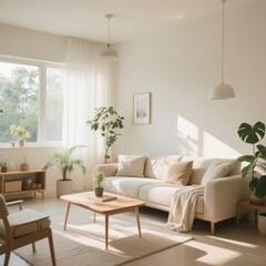 Bright and Cozy Living Room with Natural Light and Greenery