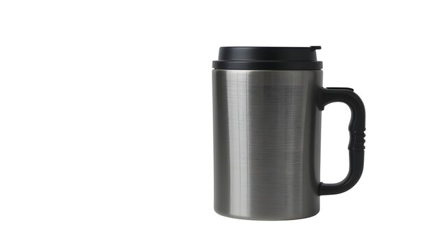 Stainless steel travel mug with handle and lid for hot and cold drinks insulated coffee cup container 100 on transparent background