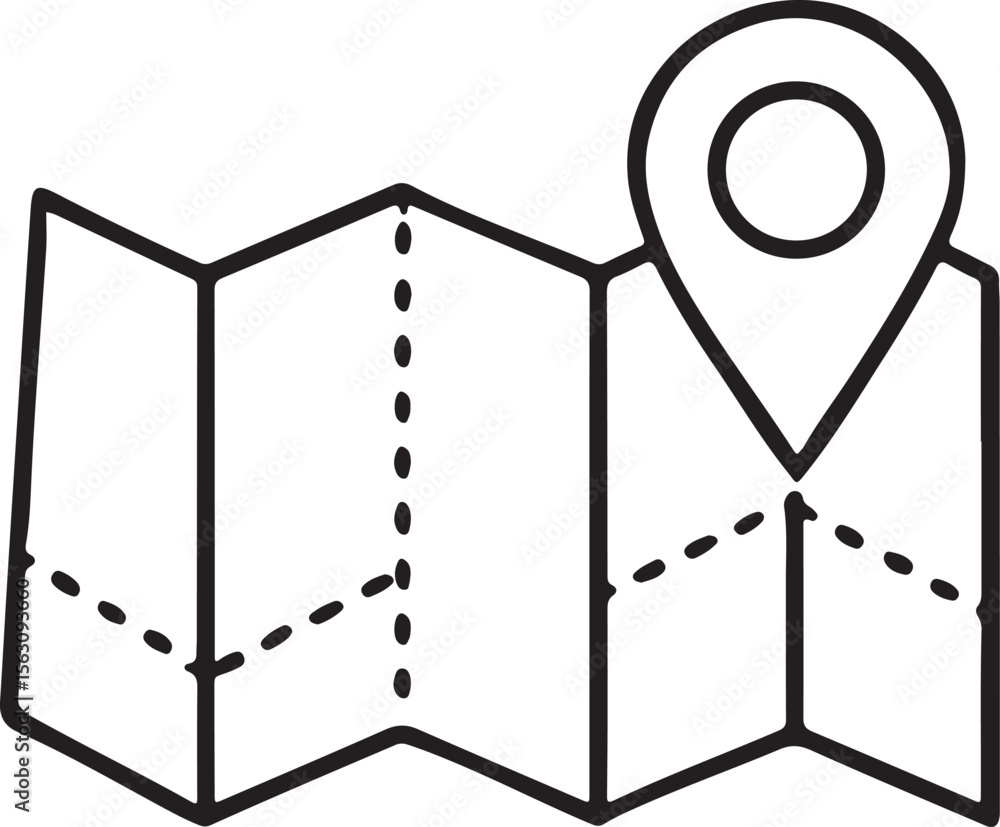 Poster map location icon, folded map with marker, black flat navigation and gps interface symbol