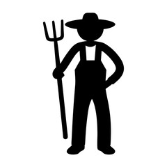 Black silhouette farmer wearing overalls and a hat holding a pitchfork