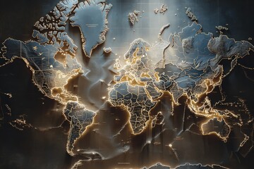 A world map features countries outlined with glowing borders, showcasing an artistic rendition of geography. This visual emphasizes regional boundaries with captivating aesthetics.